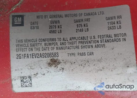 2010 Chevrolet Camaro 1Ls z USA, uszkodzony, nr VIN 2G1FA1EV2A9206583